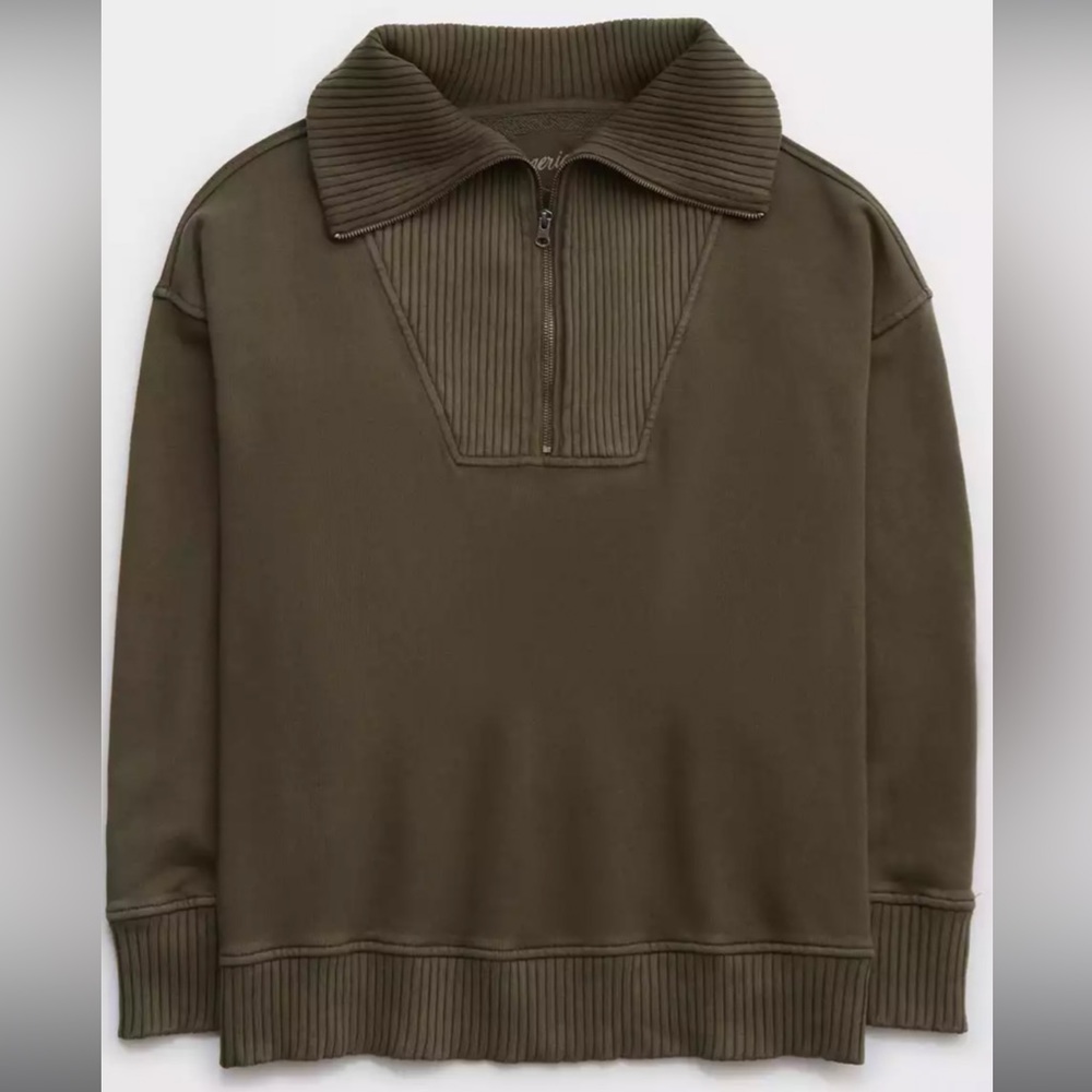 Aerie Down-To-Earth Quarter Zip Sweatshirt New with Tags NWT Large Army Green